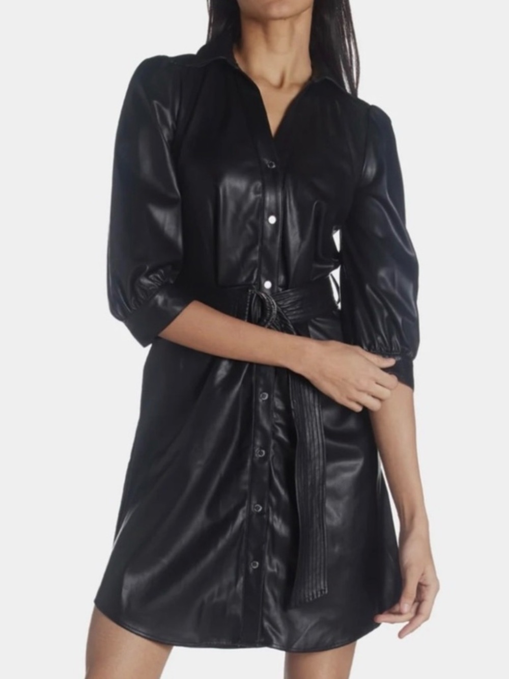Karl Lagerfeld Black Faux Leather Button-Front Shirt Dress